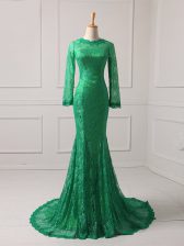 Cheap Brush Train Mermaid Homecoming Dress Green Scoop Lace Long Sleeves Zipper
