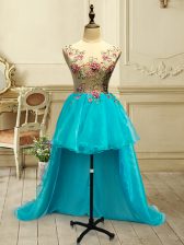Adorable Baby Blue Organza Lace Up Evening Dress Sleeveless High Low Embroidery