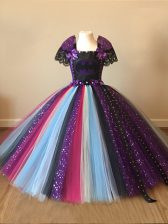  Square Short Sleeves Zipper Little Girls Pageant Dress Multi-color Tulle