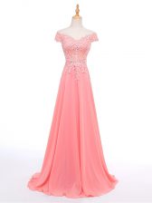 Clearance Watermelon Red Short Sleeves Floor Length Lace and Appliques Zipper 
