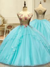  Aqua Blue Lace Up Scoop Appliques Vestidos de Quinceanera Tulle Sleeveless