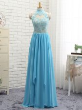 Fabulous Chiffon Halter Top Sleeveless Backless Lace Prom Dress in Baby Blue