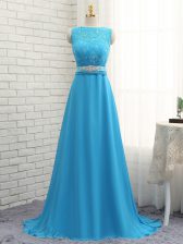 Edgy Brush Train Empire Quinceanera Court of Honor Dress Baby Blue Bateau Chiffon Sleeveless Zipper