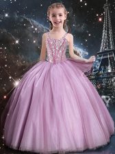 Attractive Floor Length Rose Pink Flower Girl Dress Straps Sleeveless Lace Up