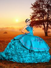 Baby Blue Sweetheart Neckline Embroidery and Ruffles Quinceanera Dress Sleeveless Lace Up