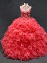 Sumptuous Coral Red Sleeveless Beading and Ruffles Floor Length Quinceanera Dress