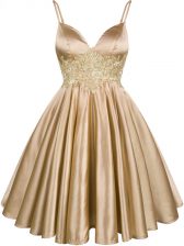 Delicate Champagne Elastic Woven Satin Lace Up Spaghetti Straps Sleeveless Knee Length Damas Dress Lace