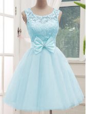 Custom Design Aqua Blue Lace Up Scoop Lace Quinceanera Court Dresses Tulle Sleeveless