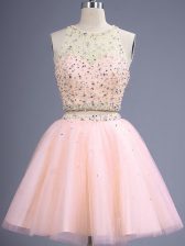  Peach Two Pieces Scoop Sleeveless Tulle Knee Length Lace Up Beading Damas Dress