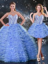 Deluxe Blue Tulle Lace Up Sweet 16 Dress Sleeveless Floor Length Beading and Ruffled Layers