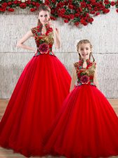  Red High-neck Neckline Appliques Quinceanera Gowns Sleeveless Lace Up
