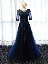 Luxurious Navy Blue Lace Up Dress for Prom Lace and Appliques Half Sleeves Floor Length