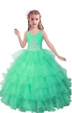 Inexpensive Floor Length Turquoise Child Pageant Dress V-neck Sleeveless Zipper
