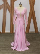 Ideal Long Sleeves Chiffon Brush Train Zipper Prom Evening Gown in Baby Pink with Lace and Appliques
