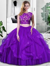 Free and Easy Purple Zipper Scoop Lace and Ruffles Ball Gown Prom Dress Tulle Sleeveless