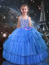  Light Blue Organza Lace Up Little Girls Pageant Gowns Sleeveless Floor Length Beading and Ruffled Layers