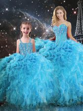  Aqua Blue Ball Gowns Sweetheart Sleeveless Organza Floor Length Lace Up Beading and Ruffles Vestidos de Quinceanera