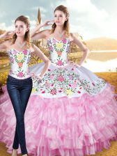  Rose Pink Lace Up Ball Gown Prom Dress Embroidery and Ruffled Layers Sleeveless Floor Length