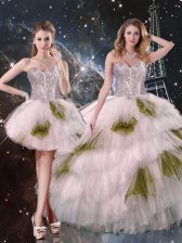Extravagant Champagne Three Pieces Beading and Ruffled Layers and Sequins Sweet 16 Dresses Lace Up Tulle Sleeveless Floor Length