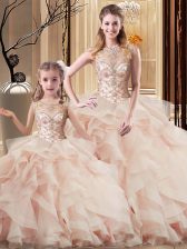 Custom Design Sleeveless Brush Train Lace Up Beading and Ruffles Quinceanera Gown