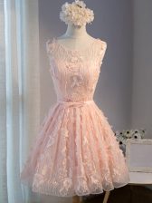 Hot Selling Pink Tulle Lace Up Dress for Prom Sleeveless Mini Length Appliques and Belt