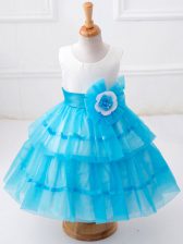 On Sale Baby Blue Zipper Scoop Ruffled Layers and Hand Made Flower Pageant Gowns For Girls Tulle Sleeveless