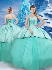  Sleeveless Beading and Ruching Lace Up 15 Quinceanera Dress with Turquoise Brush Train