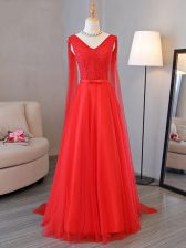  Red Lace Up Dress for Prom Lace and Belt Sleeveless Floor Length