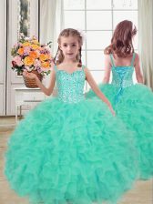  Beading and Ruffles Little Girls Pageant Dress Turquoise Lace Up Sleeveless Floor Length
