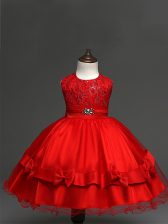  Scoop Sleeveless Kids Pageant Dress Knee Length Lace and Bowknot Red Tulle