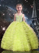 Nice Straps Sleeveless Tulle Little Girls Pageant Gowns Beading and Ruffled Layers Lace Up