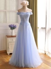  Off The Shoulder Sleeveless Lace Up Prom Dresses Lavender Tulle