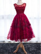  Sleeveless Tea Length Lace Zipper Quinceanera Court of Honor Dress with Fuchsia