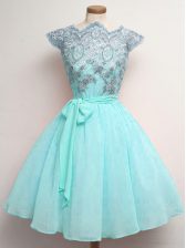  Aqua Blue Scalloped Neckline Lace and Belt Quinceanera Court of Honor Dress Cap Sleeves Lace Up