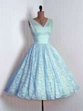  Baby Blue A-line Lace V-neck Sleeveless Lace Mini Length Lace Up Court Dresses for Sweet 16