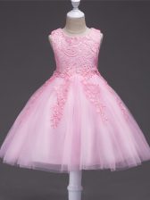 Sweet Baby Pink Scoop Neckline Appliques Little Girls Pageant Gowns Sleeveless Zipper