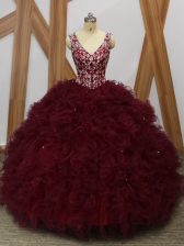  V-neck Sleeveless Backless Quinceanera Dresses Burgundy Organza
