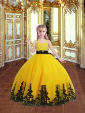 Unique Gold Sleeveless Lace and Appliques Floor Length Little Girls Pageant Dress Wholesale