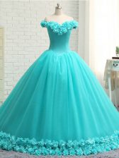  Aqua Blue Sleeveless Court Train Hand Made Flower Quinceanera Gown