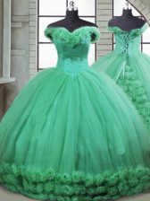 High Class Turquoise Sleeveless Hand Made Flower Lace Up Sweet 16 Dress