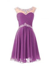 Traditional Purple Cap Sleeves Knee Length Beading Zipper 