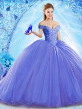  Sleeveless Organza Brush Train Lace Up 15 Quinceanera Dress in Blue with Beading