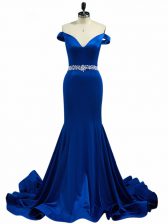 Superior Elastic Woven Satin Sleeveless Prom Party Dress Brush Train and Beading