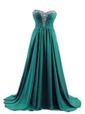  Elastic Woven Satin Sweetheart Sleeveless Brush Train Lace Up Beading Evening Dress in Turquoise