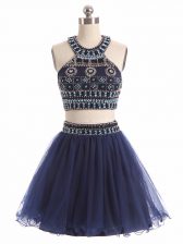  Navy Blue Dress for Prom Prom and Party with Beading Scoop Sleeveless Zipper