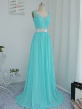  Sleeveless Beading and Lace Side Zipper Vestidos de Damas with Aqua Blue Sweep Train