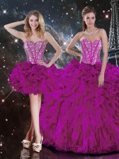 Beautiful Fuchsia Ball Gowns Sweetheart Sleeveless Organza Floor Length Lace Up Beading and Ruffles Quince Ball Gowns