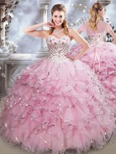  Baby Pink Lace Up Sweetheart Beading and Ruffles Quince Ball Gowns Organza Sleeveless