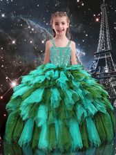 Wonderful Ball Gowns Little Girl Pageant Gowns Turquoise Straps Tulle Sleeveless Floor Length Lace Up