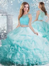 Inexpensive Aqua Blue Sleeveless Floor Length Beading and Ruffles and Pick Ups Clasp Handle 15th Birthday Dress